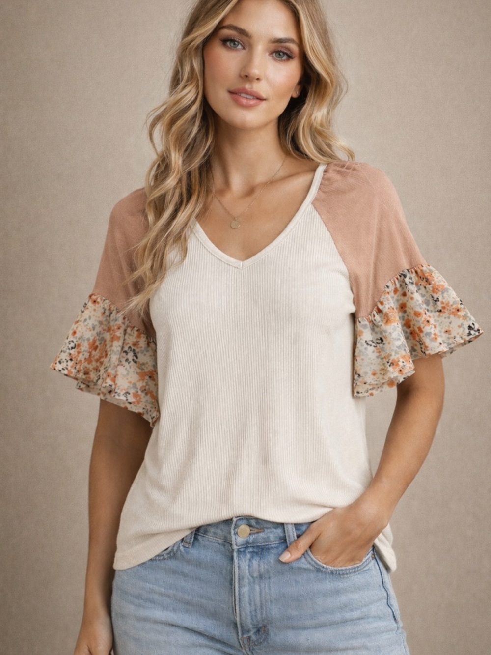 Entro Ribbed Colorblock Top Large Boho Ruffle Sleeve Cream Abstract Blouse